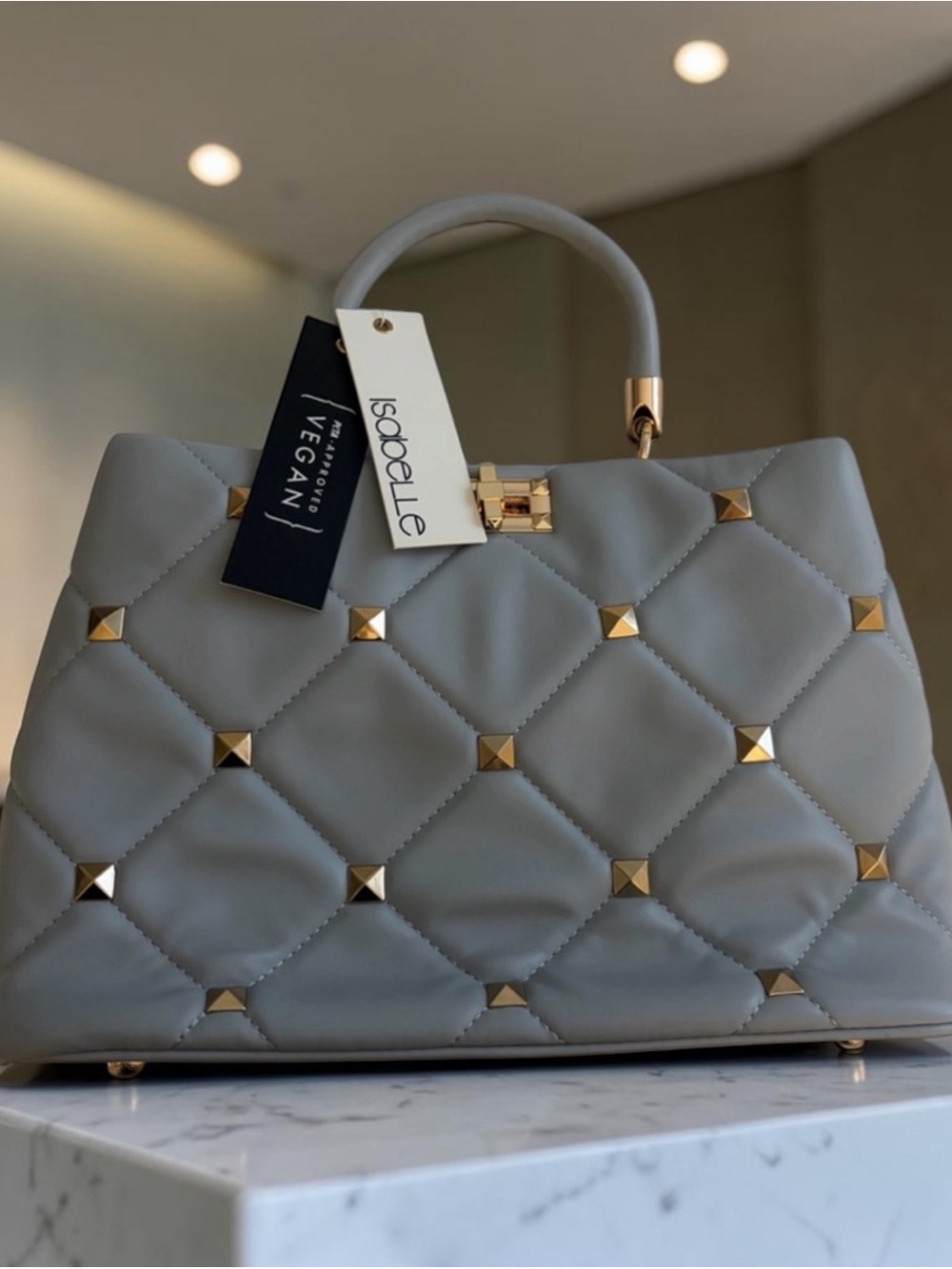 Quilted Top-Handle Bag in Light Gray with Gold Studs